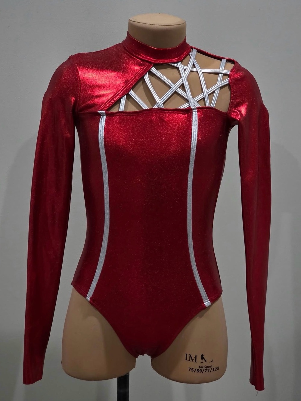 Maci Anne Designs Red Long-Sleeve Kids One-Piece Leotard with White Strap Detail
